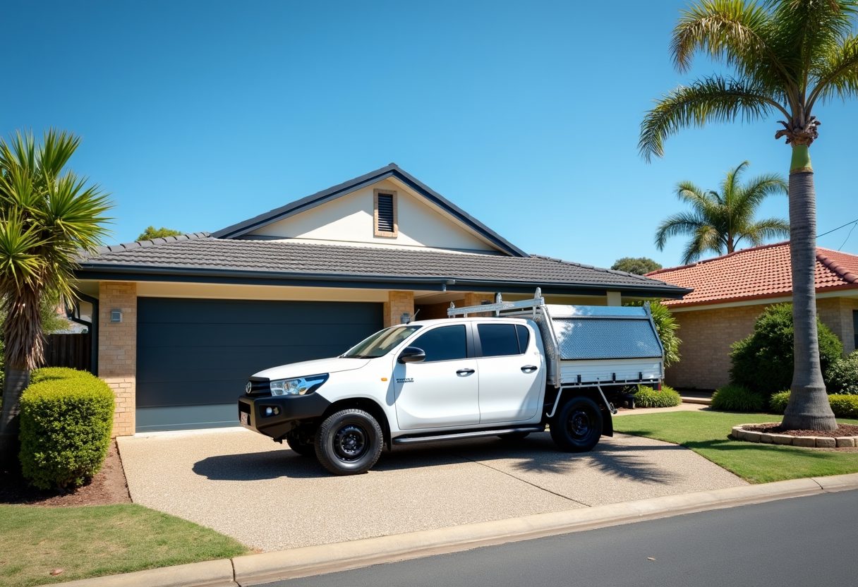 Technician ute in a driveway with a new garage door — Robina
